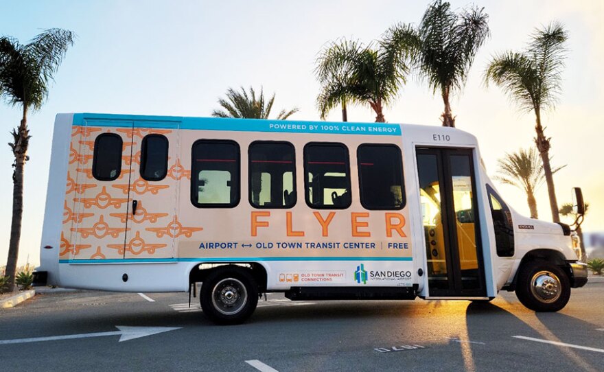 An undated photo of the San Diego Flyer, a free electric shuttle bus service between San Diego International Airport and Old Town Transit Center.