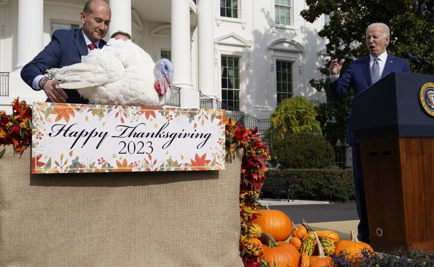 President Biden speaks as he pardons the national Thanksgiving turkeys during a ceremony at the White House on Monday.
