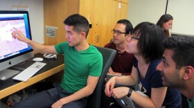 (Left to right) NYU medical students Brian Chao, Michael Lui, Hye Min Choi, and Varun Vijay take the team approach to learning about the anatomy of cells, and how disease can disrupt them. Analyzing big data sets is now a routine part of their studies, too.