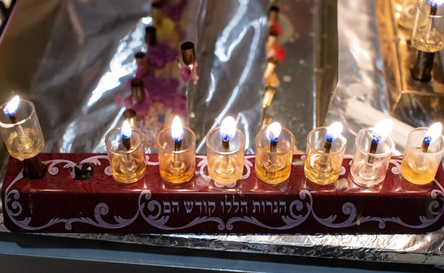 A lit menorah during a Hanukkah celebration at the Conrad Hotel in Dubai on Dec. 16.