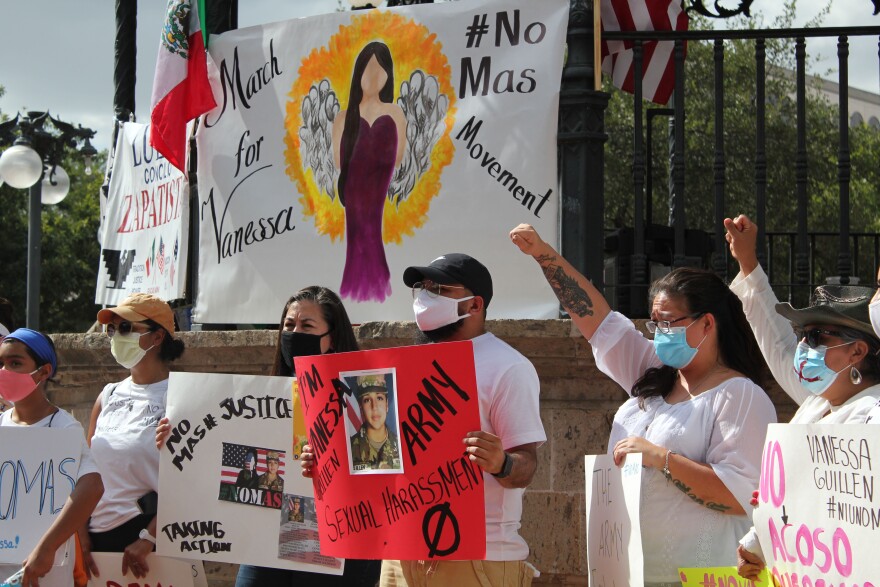 Demonstrators gather in San Antonio in July 2020, shortly after Vanessa Guillen's body was found.