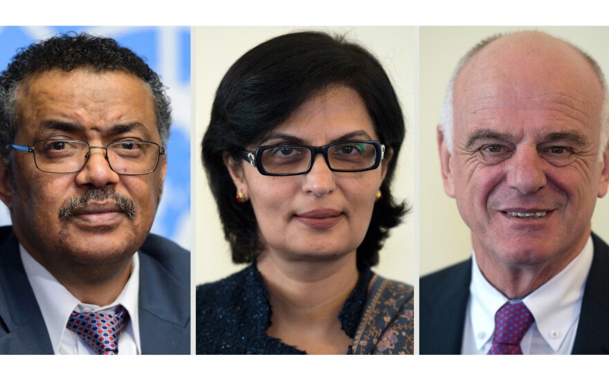The World Health Organization's finalists for the next director-general (from left): Tedros Adhanom Ghebreyesus, Sania Nishtar and David Nabarro