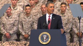 President Barack Obama addresses the troops and their families at Marine Corps Base Camp Pendleton on Wednesday, August 7, 2013, during his first visit to the base.