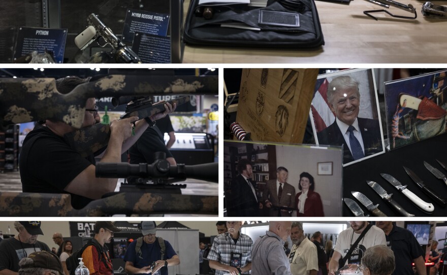 (Top photo) A sales representative works during the conference. (Middle left) A man looks through the scope of a rifle. (Middle right) Knives are displayed at the conference. (Bottom photo) People make their way around weapon displays at the conference.