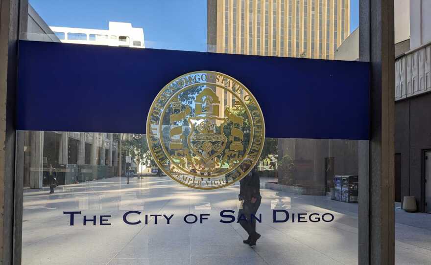 The city of San Diego seal is shown outside city hall in San Diego, Calif. Jan. 24, 2023.