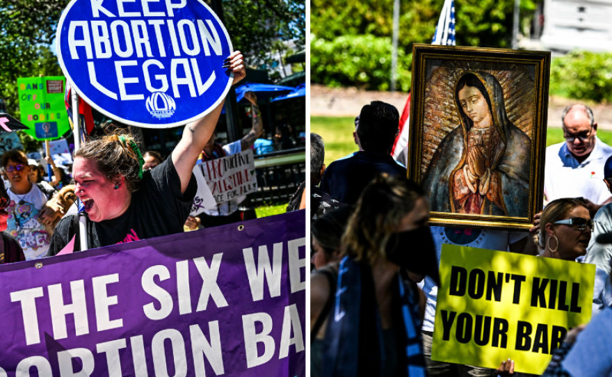 Pro-abortion rights activists gathered April 13 at a rally in Orlando, Fla., to back a referendum in November that could increase access to abortion. Nearby were activists opposed to abortion.