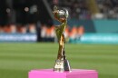 The Women's World Cup trophy is shown ahead of the Women's World Cup soccer match between New Zealand and Norway in Auckland, New Zealand, Thursday, July 20, 2023. 