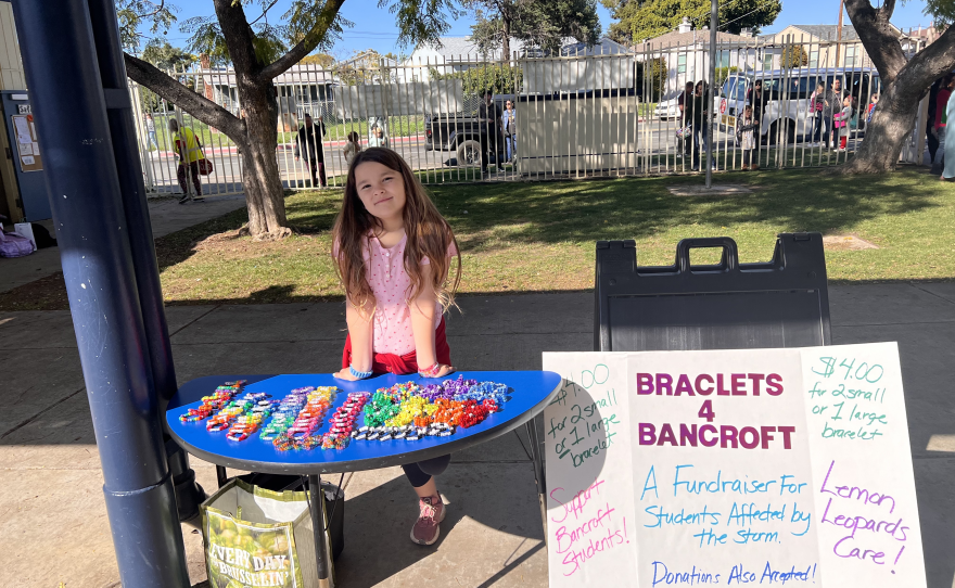 Sonja Bella Hans, 9, sold handmade plastic bead bracelets at her school, Lemon Avenue Elementary, last week to raise money for flood victims, La Mesa, Calif., Feb. 12, 2024