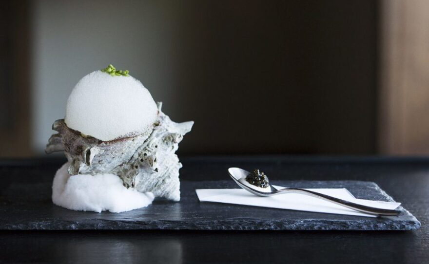 Dashi foam served on a conch shell at N/Naka. Delicate plating involving elements of nature are part of the kaiseki experience.