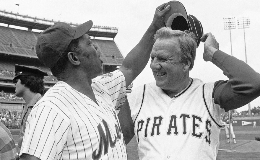 Ralph Kiner, seen here in 1982 with fellow Hall of Famer Willie Mays, has died at 91.