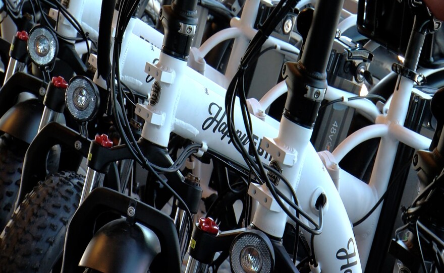 E-bikes lined-up at Happy EBIKES in Encinitas, Feb 1, 2023.