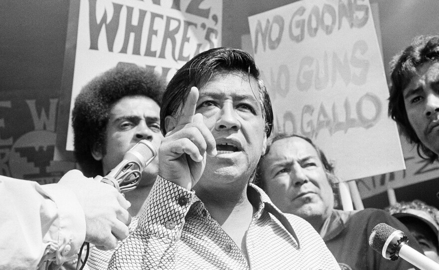 Cesar Chavez, the head of the United Farm Workers Union, calls for the resignation of Walter Kintz, the first legal counsel for the state Agriculture Labor Relations Board, in Sacramento, Calif., on Sept. 16, 1975. Chavez's efforts in California culminated in landmark legislation that protected the rights of the state's farmworkers and created the ALRB.