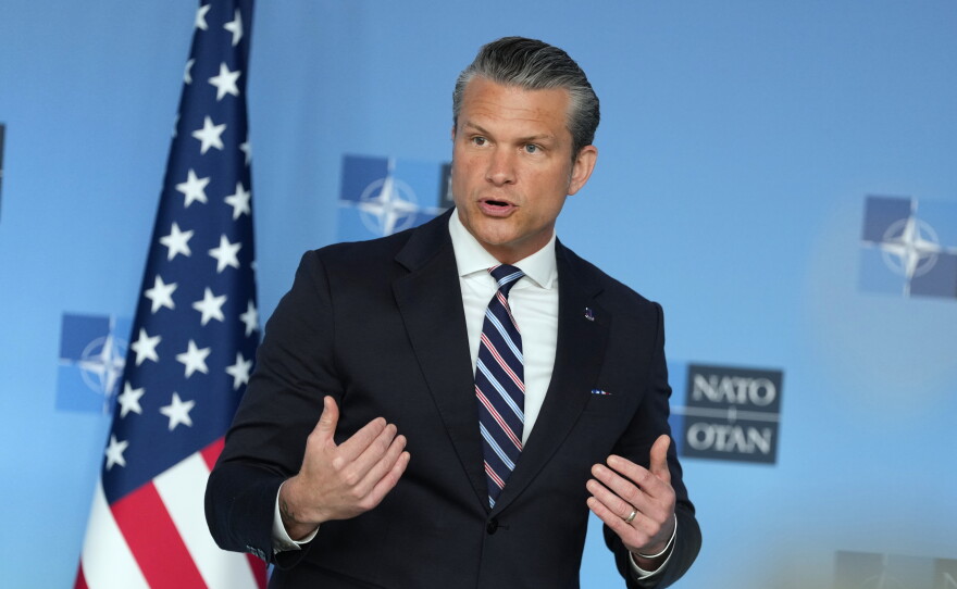 United States Defense Secretary Pete Hegseth speaks during a press statement on arrival for a meeting of NATO defense ministers at NATO headquarters in Brussels, Thursday, June 18, 2026.