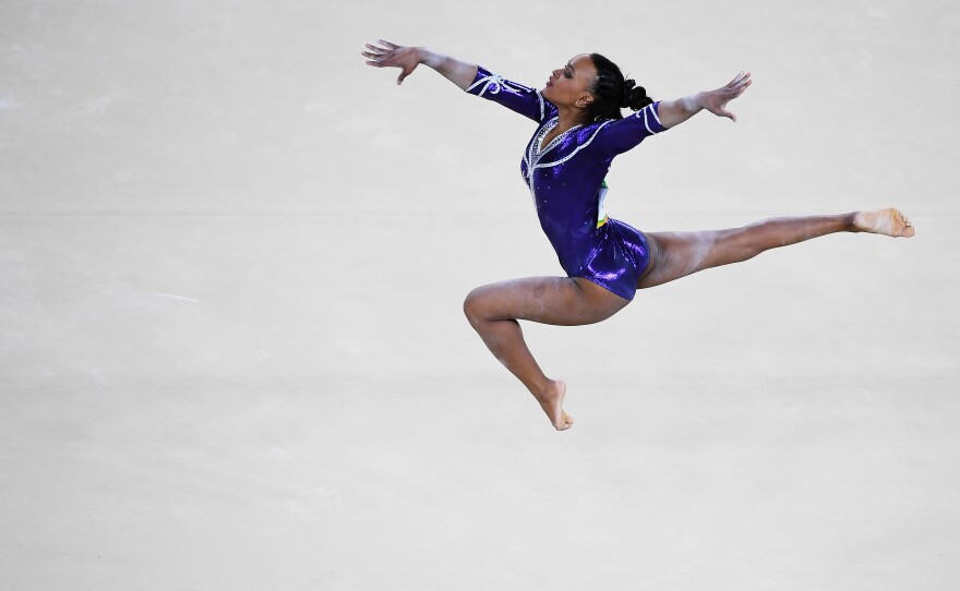 Rebeca Andrade of Brazil competes on the floor.