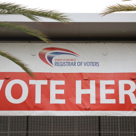 A banner outside the San Diego County Registrar of Voters, photographed on Tuesday, Oct. 14, 2025.