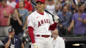 American League's Shohei Ohtani, of the Los Angeles Angeles, hits during the first round of the MLB All Star baseball Home Run Derby, Monday, July 12, 2021, in Denver.