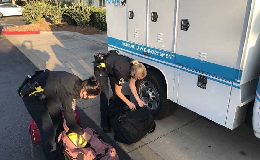 San Diego Humane Society Officers Joy Ollinger and Sandra Anderson prepare to leave for Northern California on August 26, 2021.