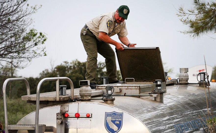 A California Department of Fish and Wildlife worker prepares to release fingerling Chinook salmon into the Sacramento River on Tuesday in Rio Vista, Calif.