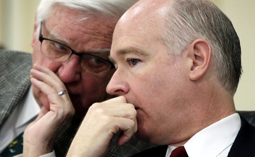 Rep. Robert Aderholt (R-AL), right, listens to Rep. Hal Rogers (R-KY) during the testimony of Secretary of Agriculture Tom Vilsack in Washington on March 14.