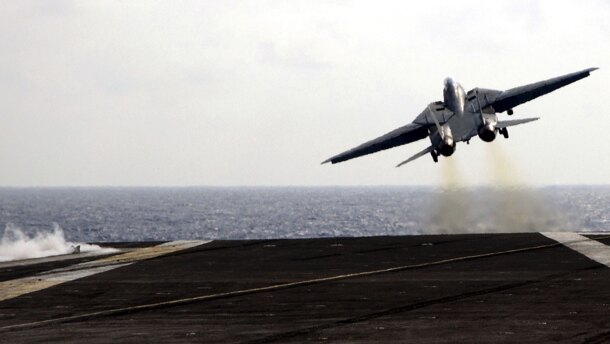 The final catapult launch of the F-14 Tomcat fighter aircraft aboard the USS Theodore Roosevelt on July 28, 2006. The U.S. military retired the plane that year.