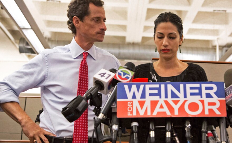 Anthony Weiner and his wife Huma Abedin at a press conference during his 2013 New York mayoral campaign in the documentary "Weiner."