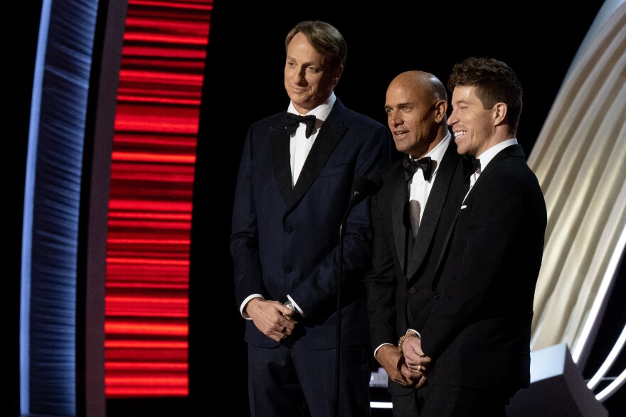 Tony Hawk, Kelly Slater, and Sean White introducing a tribute to James Bond at 60 during the live ABC Telecast of The 94th Oscars® at the Dolby Theatre at Ovation Hollywood in Los Angeles, CA on Sunday, March 27, 2022.