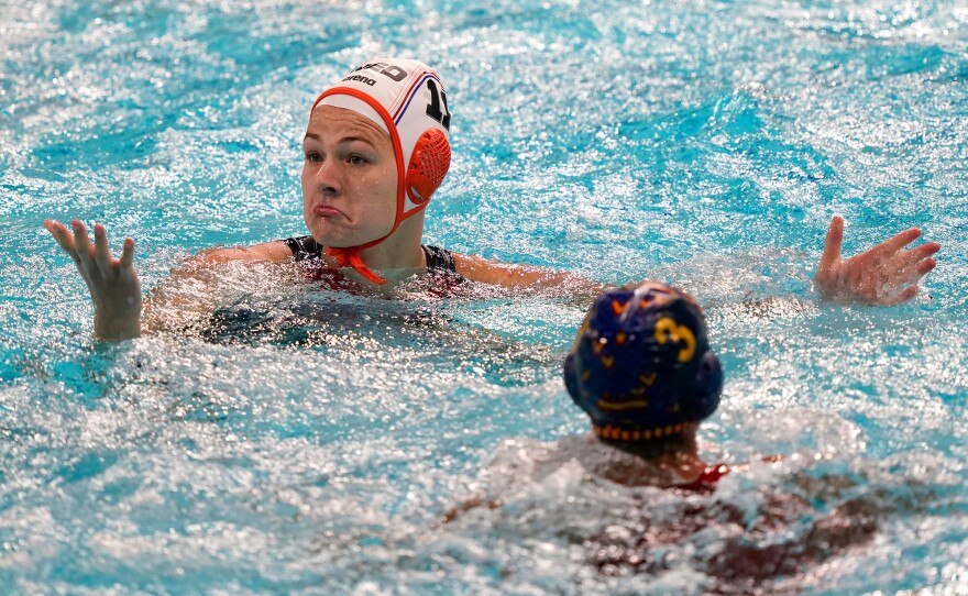 The Netherland's Simone van de Kraats reacts to an official's call during a water polo match against Spain at the Tokyo Olympics on July 28.