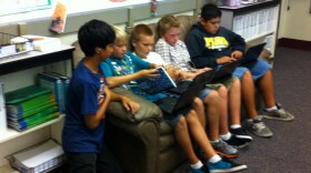 Geoffrey Bocaya, Wesley Peterson, Matthew Gates, Colin Vassal and David Mendez use laptops in their i21 classroom at Dana Middle SChool in Point Loma. Spreading the classrooms equipped with one device per student, interactive whiteboards and other technology across San Diego Unified has been one of the projects pursued with Proposition S money. 