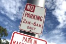 "No Parking 2 a.m. to 6 a.m." signed posted in a parking lot at Balboa Park, Nov. 16, 2017.