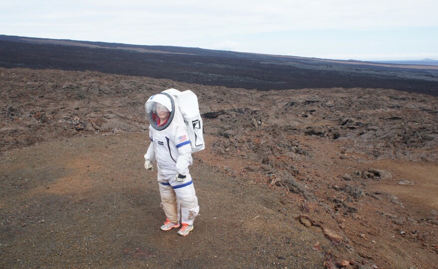 Last year, a crew member of the Hawaii Space Exploration Analog and Simulation mission leaves the dome where they were isolated.