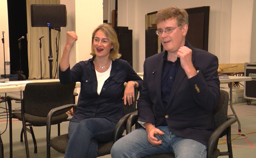 Tony-nominated husband and wife creative team of Nell Benjamin and Laurence O'Keefe demonstrating how to properly say the name of their new musical, "Huzzah!" Aug. 27, 2025