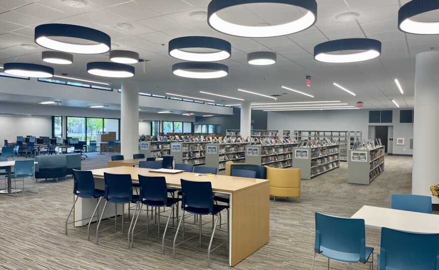 New circular overhead lights ands lower bookshelves were added inside the Escondido Public Library on July 14, 2026.