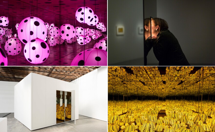 Top left: <em>Dots Obsession — Love Transformed Into Dots</em>, 2007. Top right: Sarah Stauderman looks through a peep hole to view <em>Love Forever</em>. Bottom left: They may <em>look</em> small, but once inside, the mirrored walls of Kusama's infinity rooms make the space feel endless. Bottom right: <em>All the Eternal Love I Have for the Pumpkins</em>, 2016.