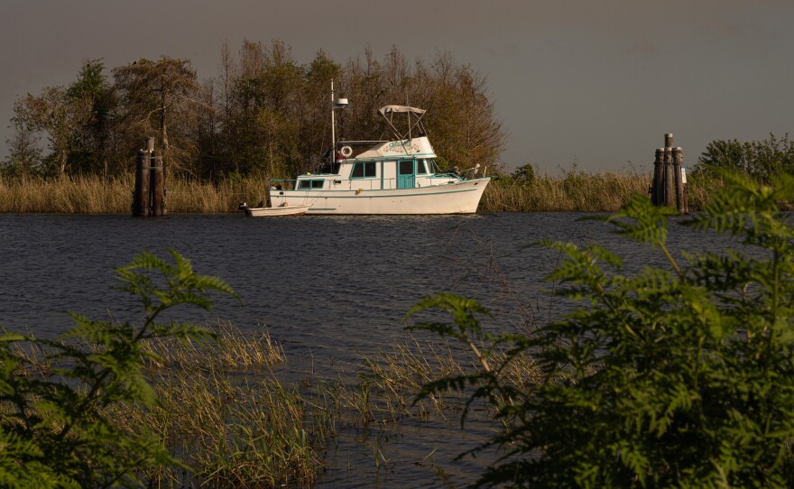 A boat is seen anchored at Alvin Ward Senior Memorial Park near Lake Okeechobee in Moore Haven, Fla. on February 10, 2023.