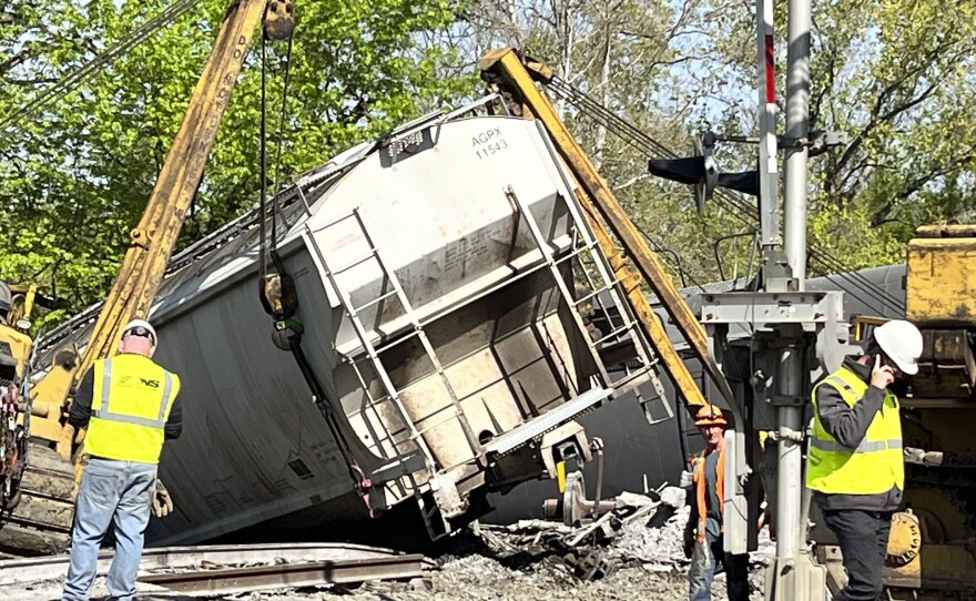 Recovery work is shown at the scene of a train derailment outside New Castle, Pa., on Thursday, May 11, 2023.