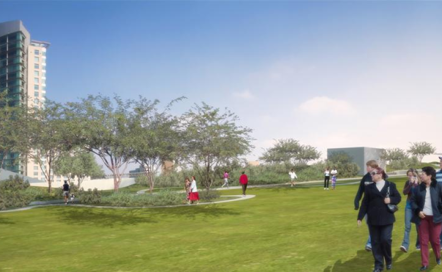 A rendering of the rooftop park on the Convention Center expansion.