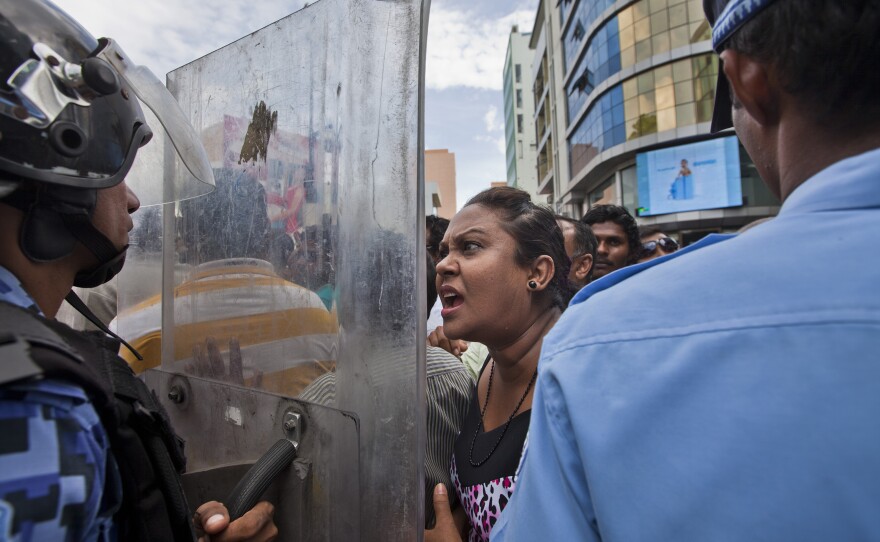 Shahidul Alam covered protests in the Maldives in 2012, as former President Mohamed Nasheed arrived at police headquarters in response to a summons issued by the Maldives police.