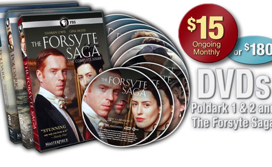 Give $15 a month or $180 all at once and receive the Inside Poldark Master Combo: featuring a 3-DVD set of Season 1; a 3-DVD set of Season 2; a 4-DVD set of MASTERPIECE: FORSYE SAGA: The Complete Series (available Nov. 7, 2016). This gift includes a KPBS License Plate Frame (if you're a new member). Also enjoy access to KPBS Passport and myKPBS Film Club. A DVD or Blu-ray combo with POLDARK Season 1 & 2 only is available at the $120 level.