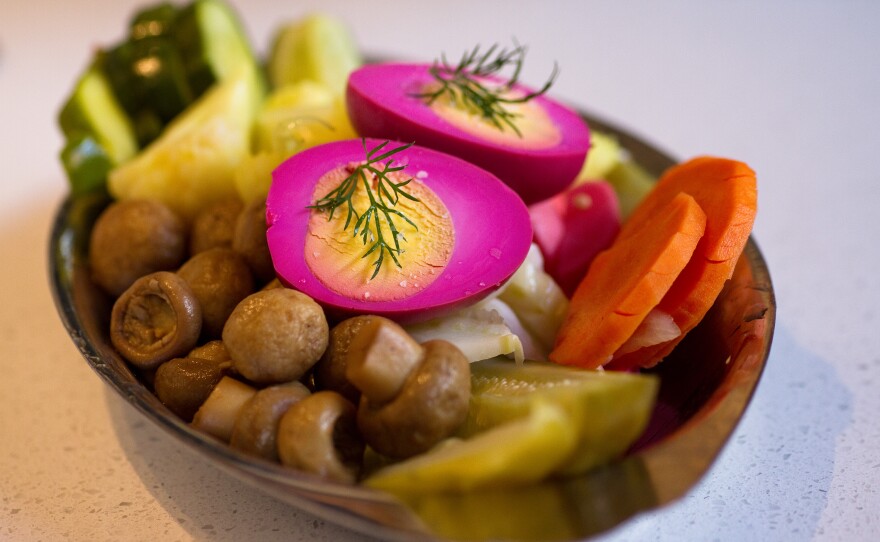 A selection of DGS's pickled offerings, including carrots, mushrooms and egg. DGS makes all of their pickled and smoked offerings in-house.