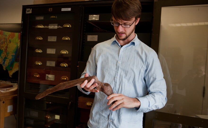 Tyler Lyson holds the scapula of the Anzu wyliei. Lyson was in high school in 1999 when he discovered the bones from one specimen on his uncle's ranch outside of Marmarth, N.D.