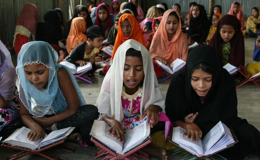 Rohingya girls study at a madrassa in the Balukali refugee camp in Bangladesh.