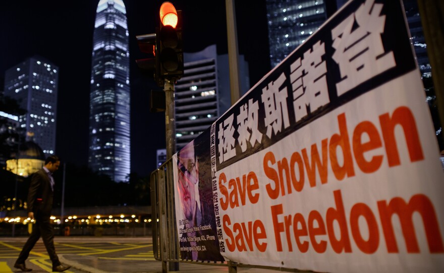 A banner shows support for Edward Snowden, in Hong Kong on Monday.