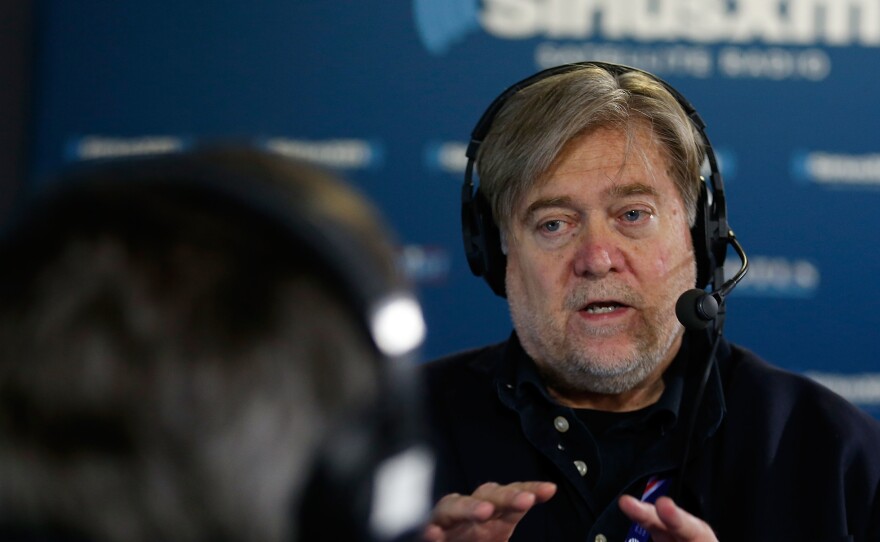 Stephen Bannon hosts Breitbart News Daily on SiriusXM Patriot at Quicken Loans Arena on July 20 in Cleveland.