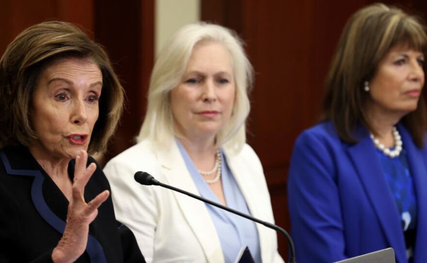 House Speaker Nancy Pelosi, D-Calif., speaks at a press conference with Rep. Jackie Speier, D-Calif., and Sen. Kirsten Gillibrand, D-N.Y., at the U.S. Capitol on Wenesday.