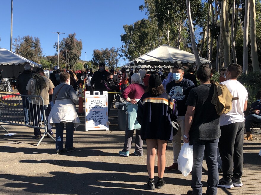 People wait in line to get tested for COVID-19 at CSU San Marcos. Jan. 2, 2022.