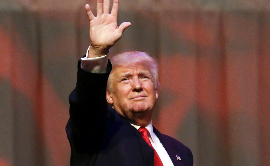 Republican front-runner Donald Trump waves at a rally in Carmel, Ind., Monday.