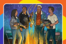The cover of "Beyond Gaming" comic book features illustration of four people standing around a fire under the night sky.