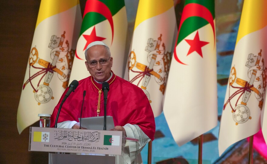 Pope Leo XIV addresses Algerian authorities, members of the civil society, and diplomatic corps at the Djamaa el Djazair Conference Center in Algiers,  April 13, 2026, on the first day of an 11-day apostolic journey to Africa.