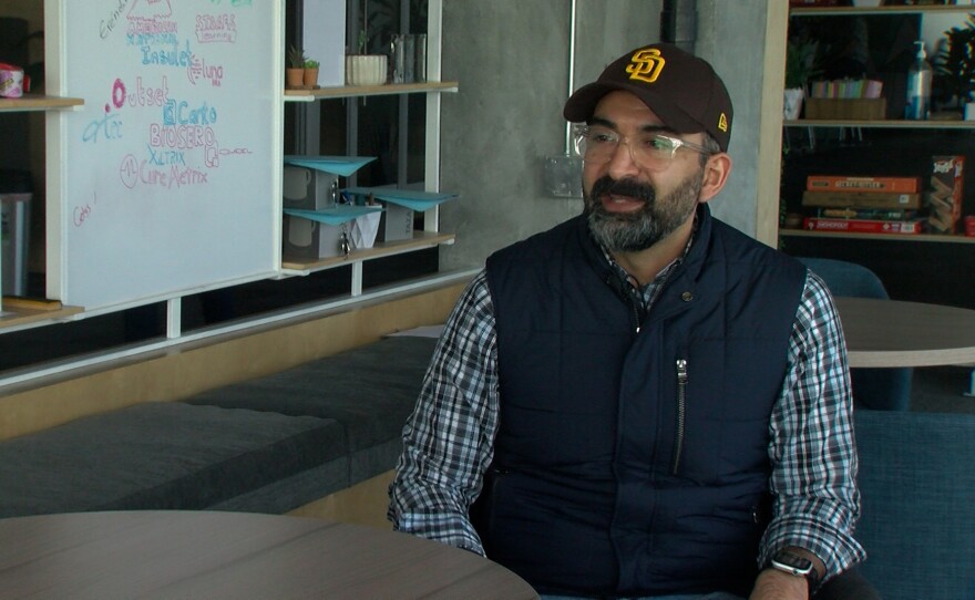 Omar Parra speaks about the San Diego Padres from his work office in Tijuana, April 24, 2023.