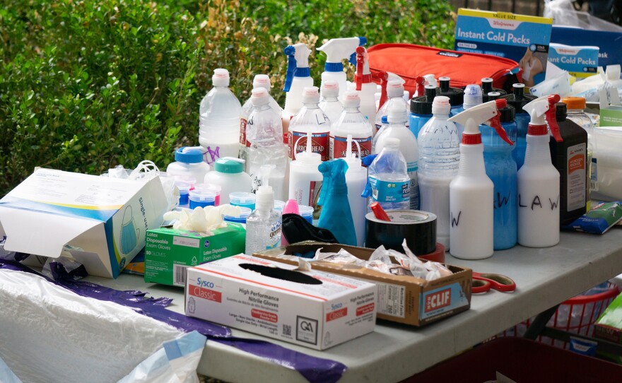 A table is filled with supplies for injured protesters at an apartment complex that became the central command for Denver's street medics on June 1.